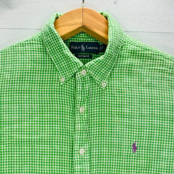 Ralph Lauren Custom Fit Shirt XXL Green Gingham Double Layer Cotton Button Down - Picture 5 of 14